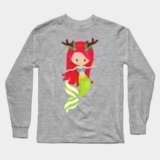 Christmas Mermaid, Antlers, Mistletoe, Xmas Long Sleeve T-Shirt